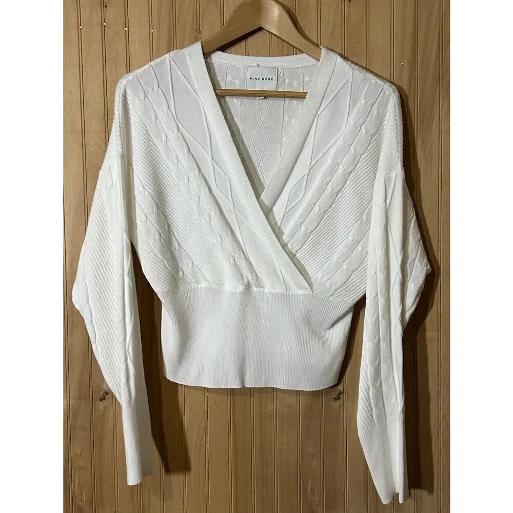 Pink Rose Women’s M Ivory V-Neck Dolman Long Sleeve Soft Comfort Knit Sweater